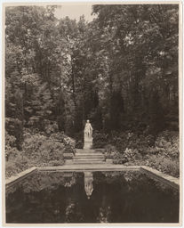 Bulkley "Rippowam" garden, statue of woman and dog in front of pool