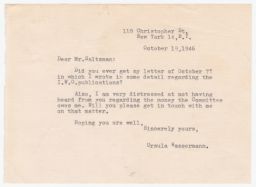 Ursula Wassermann to Rubin Saltzman about Previous Letter, October 1946 (correspondence)
