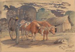 Scene with 2 oxen yoked to covered wagon