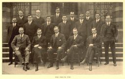 Phi Delta Phi fraternity members on the steps of the Law School, group photograph