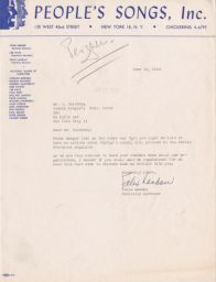 Felix Landau to Itche Goldberg about Publishing a Piece of People's Songs, June 1946 (correspondence)
