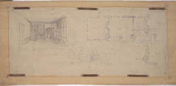 Plan #1095 Perspective of study and west elevation, Sketch plan of dining room, loggia and study