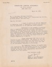 Meyer Weisgal to Rubin Saltzman Declining Membership in the American Jewish Assembly, March 1943 (correspondence)