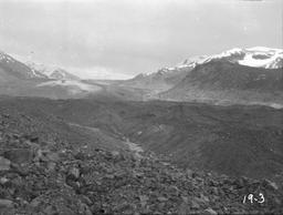 Panorama of Serpentine and Flat Glaciers, from red moraine, elevation of 870 Feet