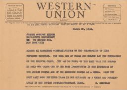 Rubin Saltzman to Joseph Schupak Dinner, March 1946 (telegram)