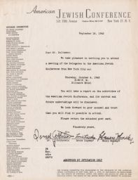 Israel Goldstein, Louis Lipsky, and Henry Monsky to Rubin Saltzman about Being a Delegate, September 1945 (correspondence)