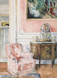 Interior at the Lys with pink chair / Salon Rose with Stuffed Birds