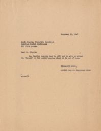 JPFO to Louis Lipsky about Gedaliah Sandler Missing the Meeting, November 1947 (correspondence)