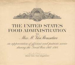 Certificate of Appreciation from the United States Food Administration to Martha Van Rensselaer
