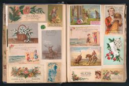 Trade card scrapbook open showing contents