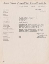 Valia Hirsch to Rubin Saltzman Requesting Payment for Black Books, June 1946 (correspondence)