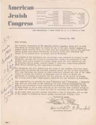 Stephen S. Wise and Harold Frankel to Affiliated Organizations of the American Jewish Congress about JPFO Delegates, February 1948 (correspondence)