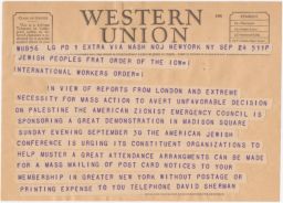 David Sherman to JPFO Calling for Mass Action, September 1945 (telegram)
