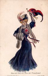 Postcard, "College Girl", in blue dress, standing and waving "P" pennant tied to a cane