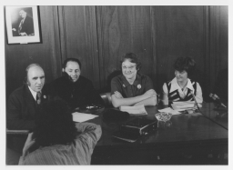 Frank Kameny, Ron Gold, Barbara Gittings, and Jean O'Leary being interviewed at the 1973 APA Press Conference