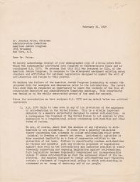 Rubin Saltzman and Max Steinberg to Rabbi Dr. Joachim Prinz about Group Libel Bill, February 1949 (correspondence)
