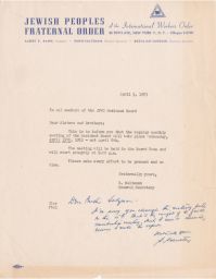 Rubin Saltzman to All Members of the JPFO Resident Board, April 1953 (correspondence)