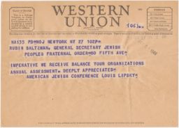 Louis Lipsky to Rubin Saltzman Requesting Payment, October 1948 (telegram)