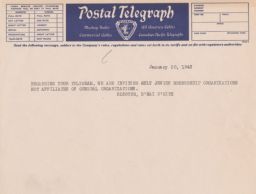 Maurice Bisgyer of B'nai B'rith to Rubin Saltzman about Declined Participation in the American Jewish Conference, January 1943 (telegram)