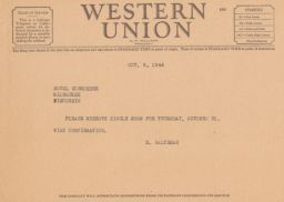 Rubin Saltzman to Hotel Schroeder Requesting Reservation, October 1946 (telegram)