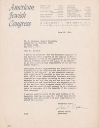 Samuel Caplan to Rubin Saltzman about JPFO Affiliated Status, June 1945 (correspondence)