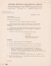 Ernie Rymer to Young People's Lodges JPFO Regarding New Season Welcome, September 1946 