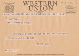Parker House to Rubin Saltzman about Lack of Vacancies, October (telegram)