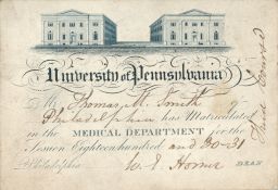 Matriculation card, Medical Department of the University of Pennsylvania.  Signed by W. M. Horner, Dean