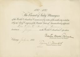 Columbian Exposition certificate for Ellen C. Sabin