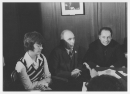 Jean O'Leary, Frank Kameny, and Ron Gold being interviewed at the 1973 APA Press Conference