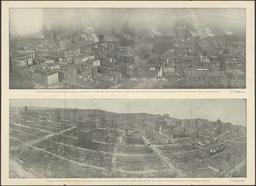 Panorama Photograph of San Francisco, Taken on the Morning of April 18th, 1906 from Nob Hill, a Short Time After the Fire Started, Showing Comparatively Insignificant Damage Done by the Earthquake; Panorama Photograph of San Francisco, Taken April 22nd, 1906, from Airplane, Showing the Damage by Fire and How the Substantial Structures Withstood Both Earthquake and Fire