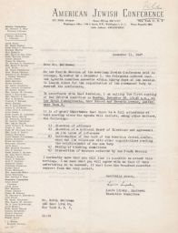Louis Lipsky to Rubin Saltzman about Upcoming Interim Committee Assembly, December 1947 (correspondence)