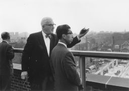 Japanese Royal Family's informal visit to the Penn campus: Gaylord P. Harnwell and Prince Mikasa on the roof terrace of Van Pelt Library