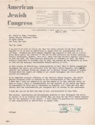 Stephen S. Wise to Albert E. Kahn Regarding Representative to World Jewish Congress, June 1947 (correspondence)
