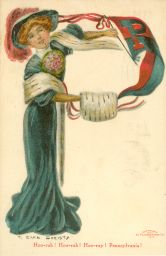 Postcard, "College Girl" standing and holding a blue "P" pennant