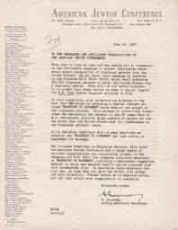 M. Grossman to the Delegates and Affiliated Organizations of the American Jewish Conference, June 1947 (correspondence)