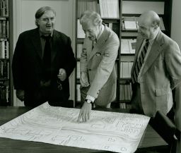 President Frank H. T. Rhodes with architect James Stirling and Alain Seznec, dean of the College of Arts and Sciences