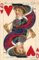 Postcard, "College Queen" series no. 2767, featuring Queen of Hearts holding a cane with blue and red Pennsylvania pennant