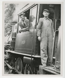 Engineer Sherman Pippin and unidentified trainman in Locomotive 10 on ET&WNC
