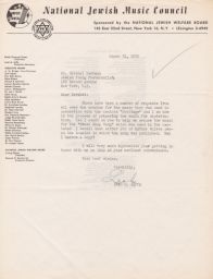Leah M. Jaffa to Hershel Hartman about Music for Distribution, March 1952 (correspondence)