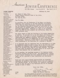 Aaron Droock to Albert E. Kahn Requesting Money for Operating Costs of the Conference, February 1945 (correspondence)