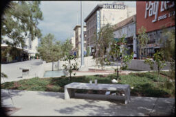 Street furniture and public art in downtown pedestrian mall (Waterfront Area, Sacramento, California, USA)
