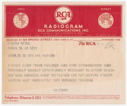 Radiogram from Rubin Saltzman to Gedaliah Sandler, June 28, 1946