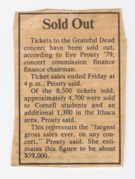Newspaper clipping about the sold out Grateful Dead concert, possibly from the Cornell Daily Sun