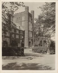 Front of Prudence Risley Hall, viewed from northeast with Thurston Ave. in the foreground.