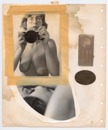 Honey Lee Cottrell Self-portrait, nude holding her Nikkormat camera, adhered to a scrapbook page with masking tape. Ca. Late 1970s.