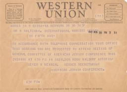 Meyer W. Weisgal to Rubin Saltzman about Attending a Meeting, August 1943 (telegram)