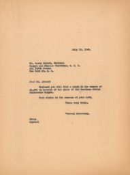 Rubin Saltzman to Aaron Droock about Payment for American Jewish Conference Budget, July 1945 (correspondence)