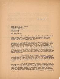 Rubin Saltzman to Rabbi Irving Miller Regarding Sholem Aleichem Monument, March 1946 (correspondence)