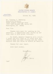 October 26, 1989. U.S. Senate letter head. Letter to Tim McFeeley